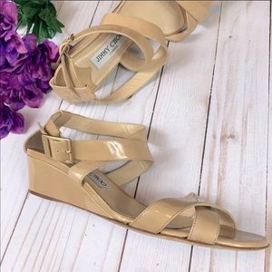 JIMMY CHOO “Chiara” Patent Leather Nude Wedge Sandal